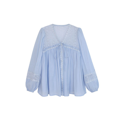 DALU April 23 Really beautiful! Hollow lace patchwork sun protection long-sleeved chiffon shirt