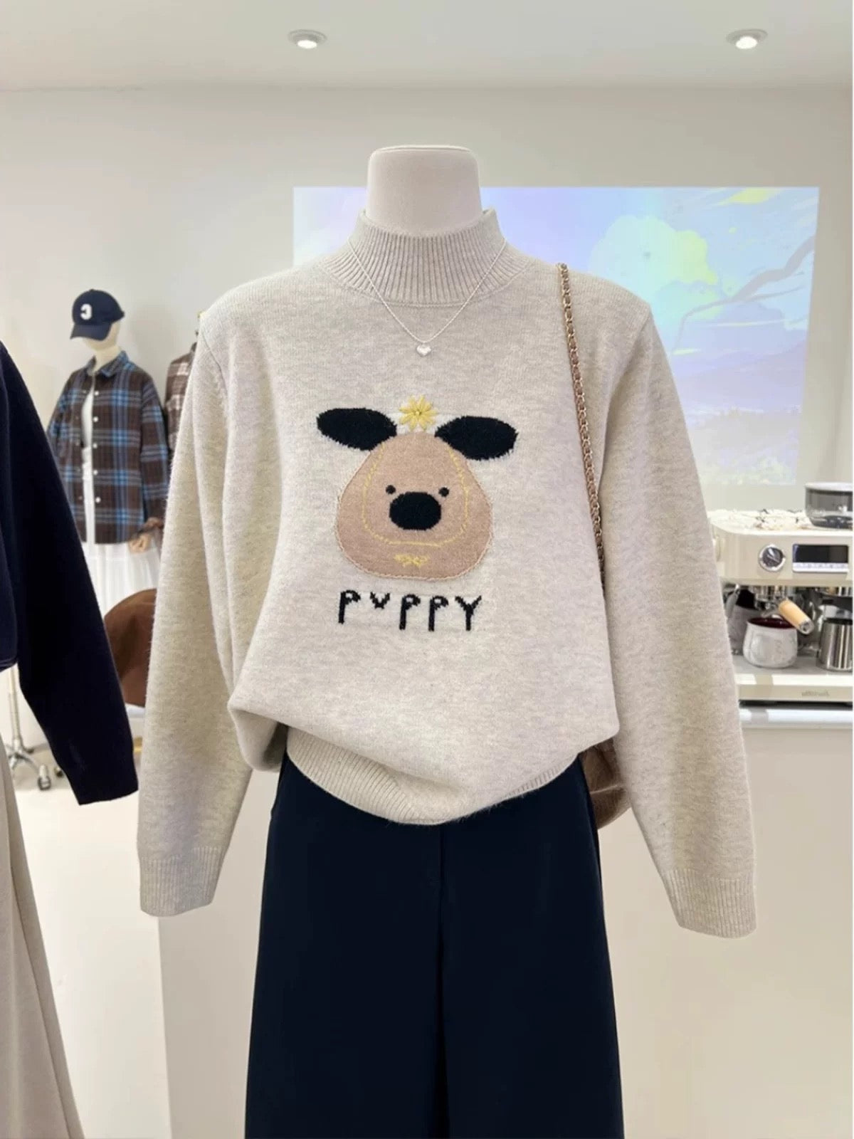 Korean style niche half-high round neck spring new high-end loose age-reducing cartoon jacquard pullover knit sweater women's sweater
