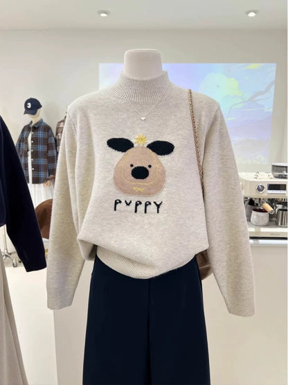 Korean style niche half-high round neck spring new high-end loose age-reducing cartoon jacquard pullover knit sweater women's sweater