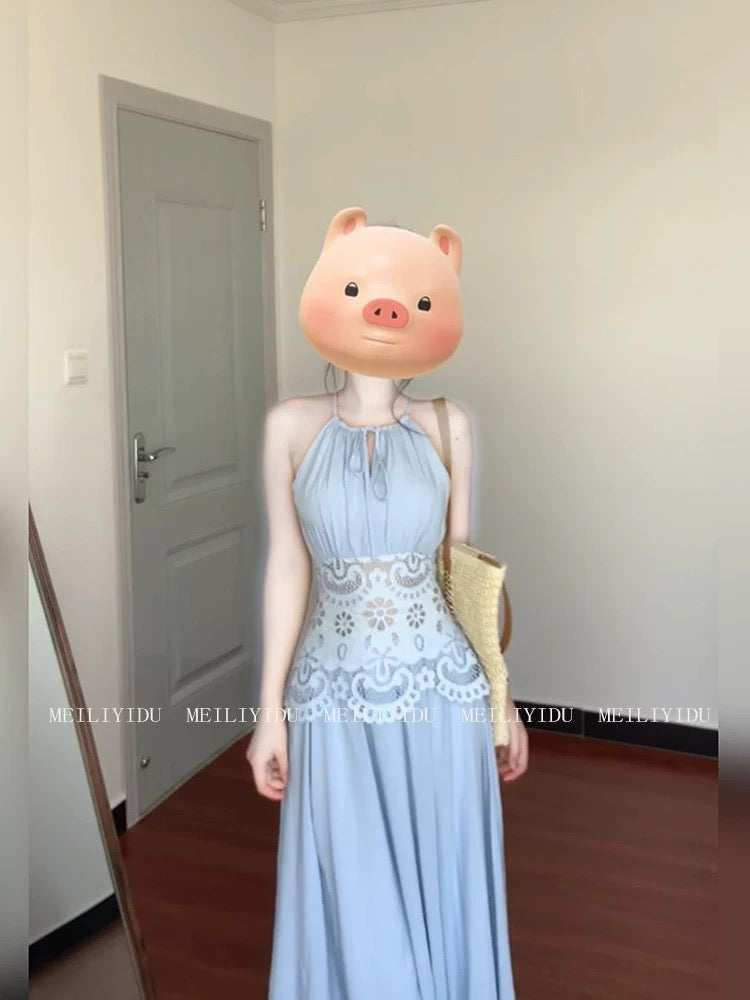 MLYD/Customized Large Size French Hollow Embroidery Blue Halter Dress Gentle Temperament Waist Holiday Long Dress