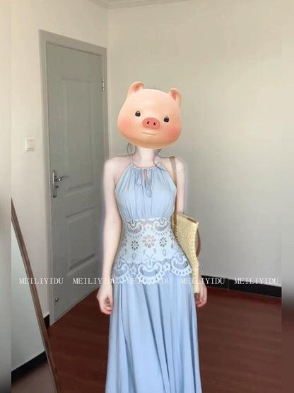 MLYD/Customized Large Size French Hollow Embroidery Blue Halter Dress Gentle Temperament Waist Holiday Long Dress