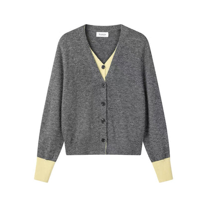 XinmonLee lazy soft temperament simple contrast color all-match fake two-piece sweater winter casual knitted jacket