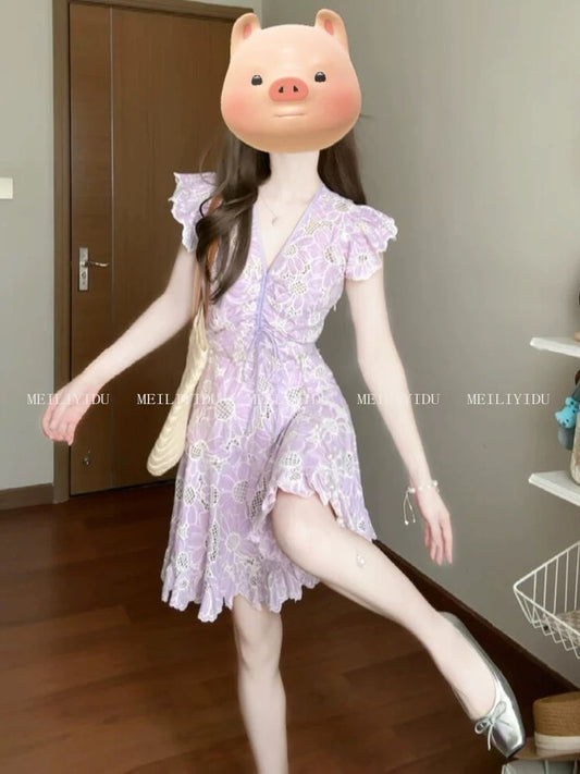 MLYD/Customized Large French V-neck lace embroidery small flying sleeve dress purple temperament waist a-line skirt