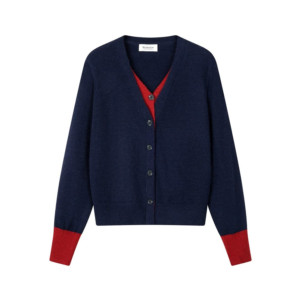 XinmonLee lazy soft temperament simple contrast color all-match fake two-piece sweater winter casual knitted jacket
