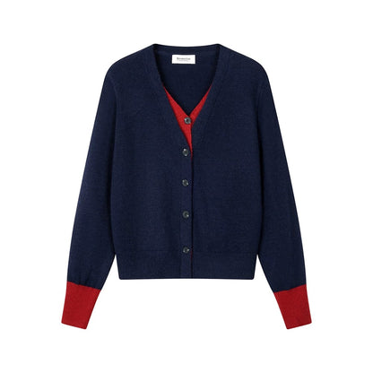 XinmonLee lazy soft temperament simple contrast color all-match fake two-piece sweater winter casual knitted jacket