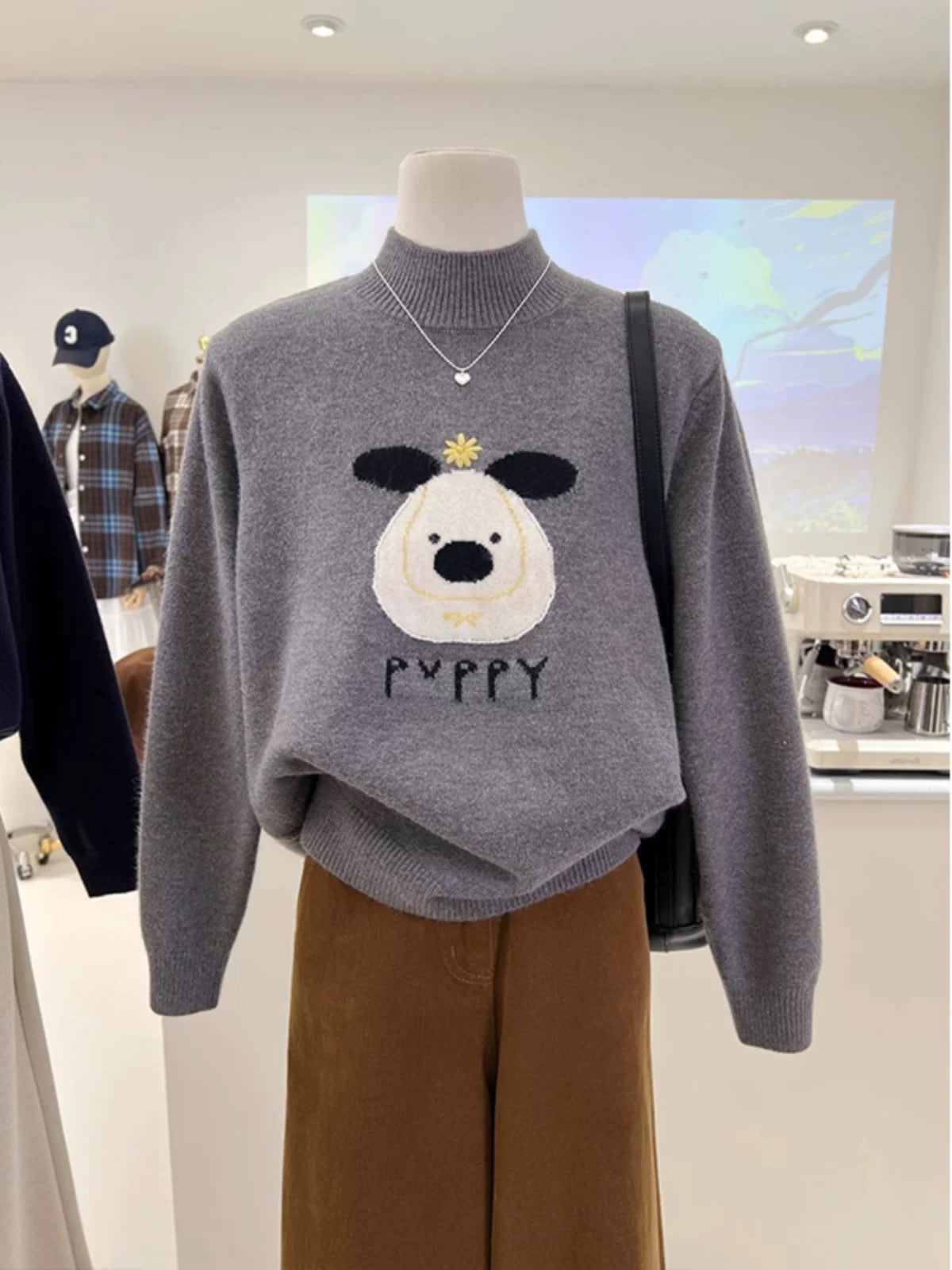 Korean style niche half-high round neck spring new high-end loose age-reducing cartoon jacquard pullover knit sweater women's sweater