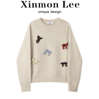 XinmonLee Korean version of loose versatile design three-dimensional bow knitted sweater autumn and winter temperament top