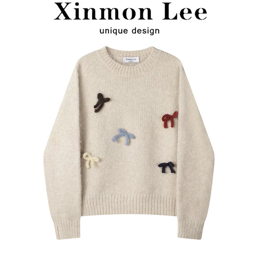 XinmonLee Korean version of loose versatile design three-dimensional bow knitted sweater autumn and winter temperament top