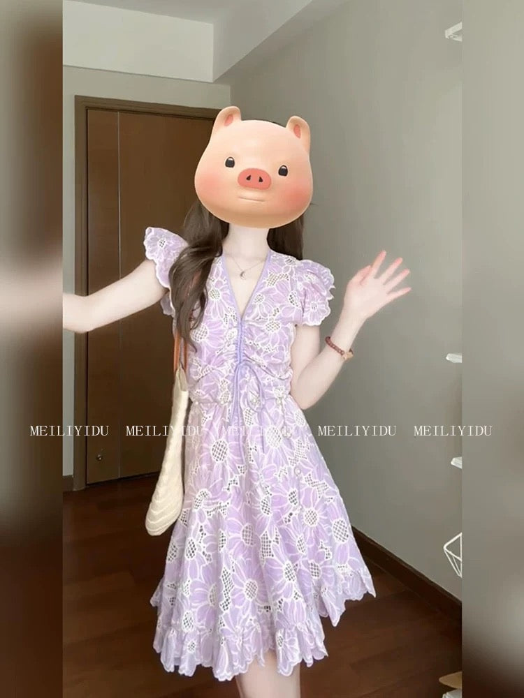 MLYD/Customized Large French V-neck lace embroidery small flying sleeve dress purple temperament waist a-line skirt