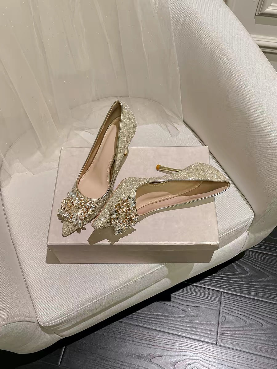Artisan Champagne High Heels, 18th Birthday Ceremony Crystal Princess Sparkling Stiletto Heels, Elegant Daughter's Rhinestone Single Shoes