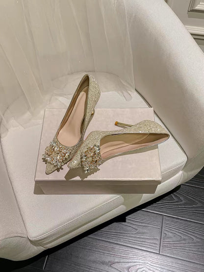 Artisan Champagne High Heels, 18th Birthday Ceremony Crystal Princess Sparkling Stiletto Heels, Elegant Daughter's Rhinestone Single Shoes