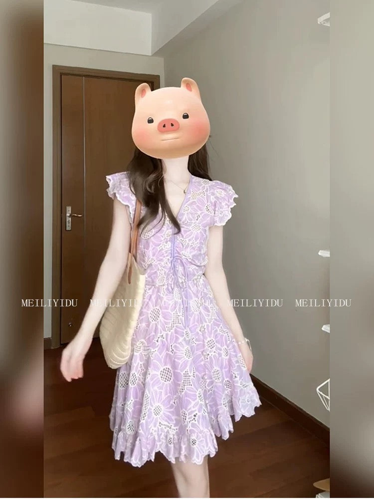 MLYD/Customized Large French V-neck lace embroidery small flying sleeve dress purple temperament waist a-line skirt