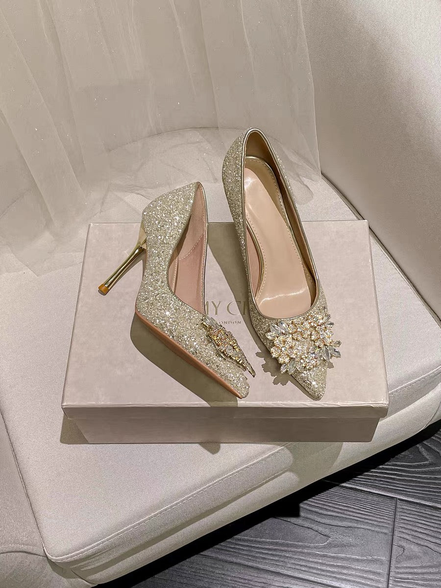 Artisan Champagne High Heels, 18th Birthday Ceremony Crystal Princess Sparkling Stiletto Heels, Elegant Daughter's Rhinestone Single Shoes