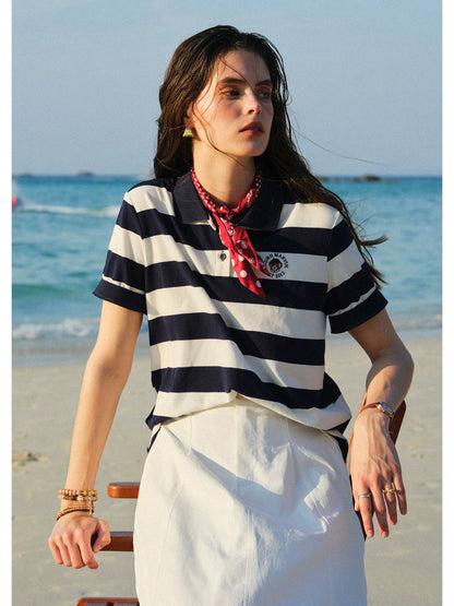 Kuhnmavi Authentic College Style Casual Striped Short-Sleeve T-Shirt Women's 2026 Summer New Slimming Versatile Polo Shirt