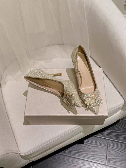 Artisan Champagne High Heels, 18th Birthday Ceremony Crystal Princess Sparkling Stiletto Heels, Elegant Daughter's Rhinestone Single Shoes