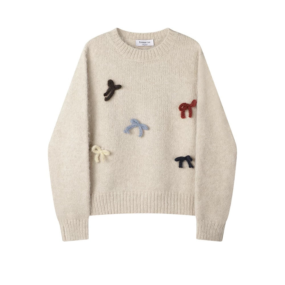 XinmonLee Korean version of loose versatile design three-dimensional bow knitted sweater autumn and winter temperament top