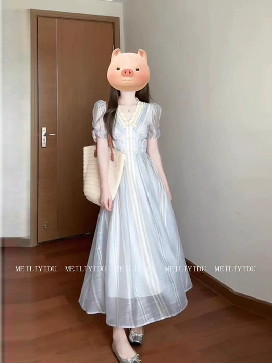 MLYD/Customized Large Size French V-neck Blue and White Striped Dress Women's High-end Temperament Waist A-line Large Swing Skirt