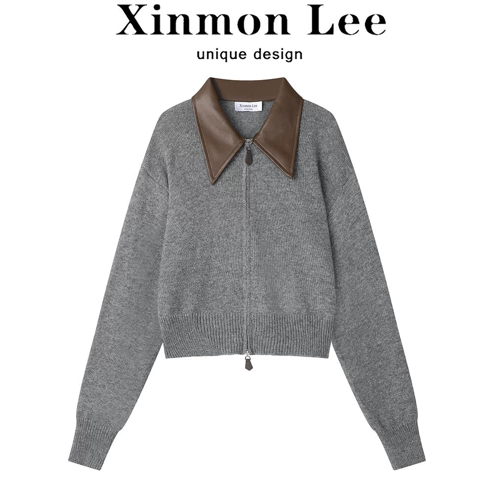 XinmonLee temperament simple lazy style splicing POLO collar knitted cardigan autumn and winter versatile short sweater