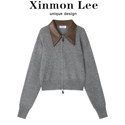 XinmonLee temperament simple lazy style splicing POLO collar knitted cardigan autumn and winter versatile short sweater