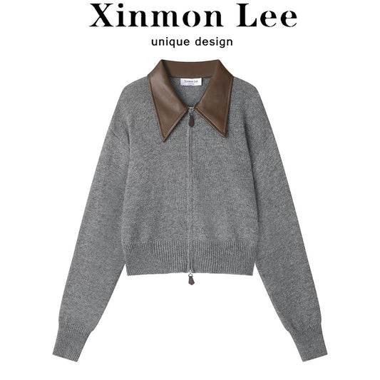 XinmonLee temperament simple lazy style splicing POLO collar knitted cardigan autumn and winter versatile short sweater
