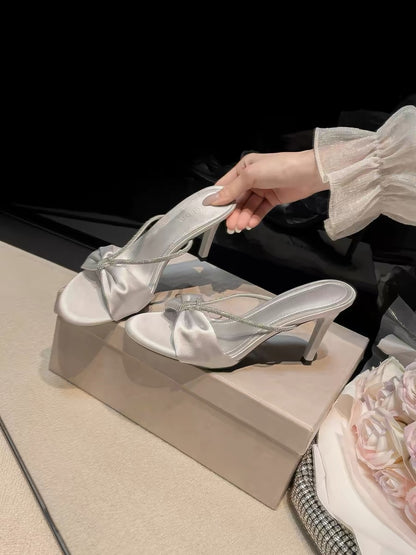 Artisan Encounters: Exquisite French-Style High-Heeled Sandals with Silver Stiletto Heels, Bow, and Rhinestones - Sweet Summer 2026