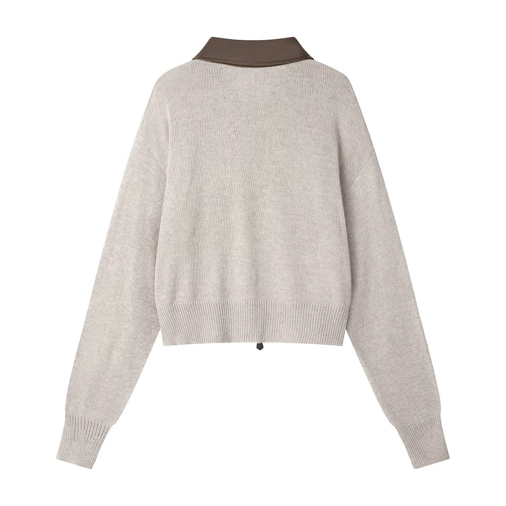 XinmonLee temperament simple lazy style splicing POLO collar knitted cardigan autumn and winter versatile short sweater
