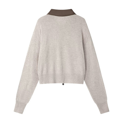 XinmonLee temperament simple lazy style splicing POLO collar knitted cardigan autumn and winter versatile short sweater