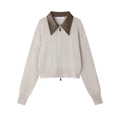 XinmonLee temperament simple lazy style splicing POLO collar knitted cardigan autumn and winter versatile short sweater