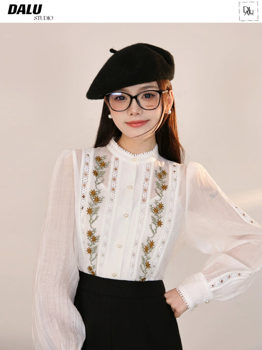 DALU retro shirt! Heavy embroidery lace splicing design see-through shirt