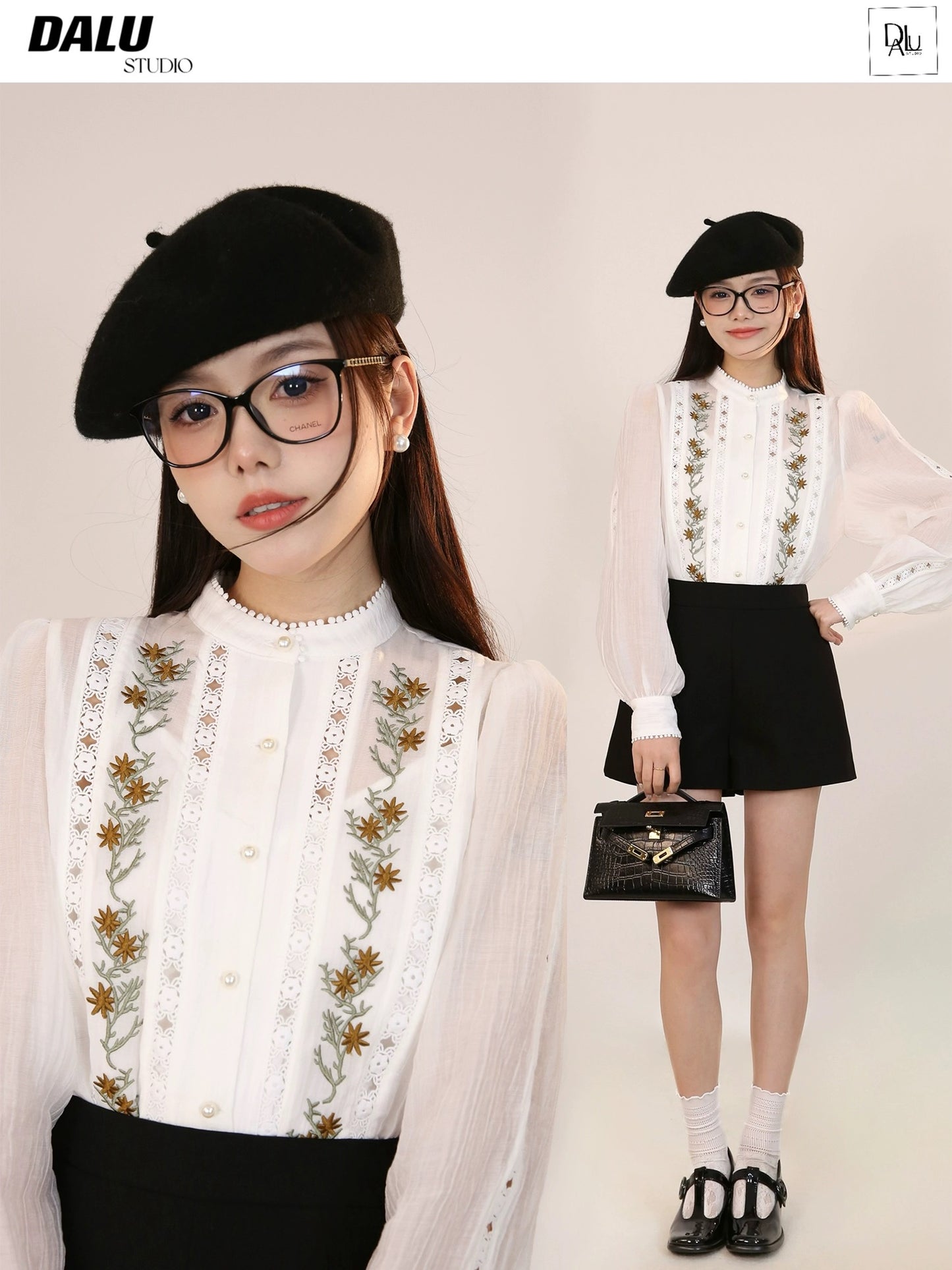 DALU retro shirt! Heavy embroidery lace splicing design see-through shirt