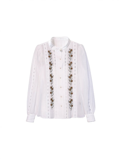 DALU retro shirt! Heavy embroidery lace splicing design see-through shirt