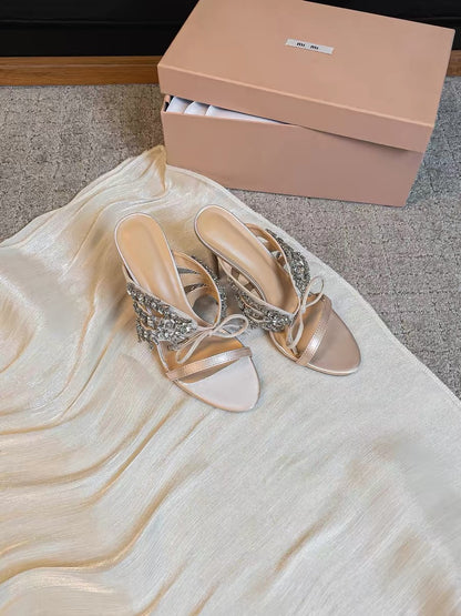 Crafted 2026 Women's Exquisite Sandals, Champagne Gold High Heels with Stiletto Heels and Rhinestones, Perfect for Banquets and Evening Gowns
