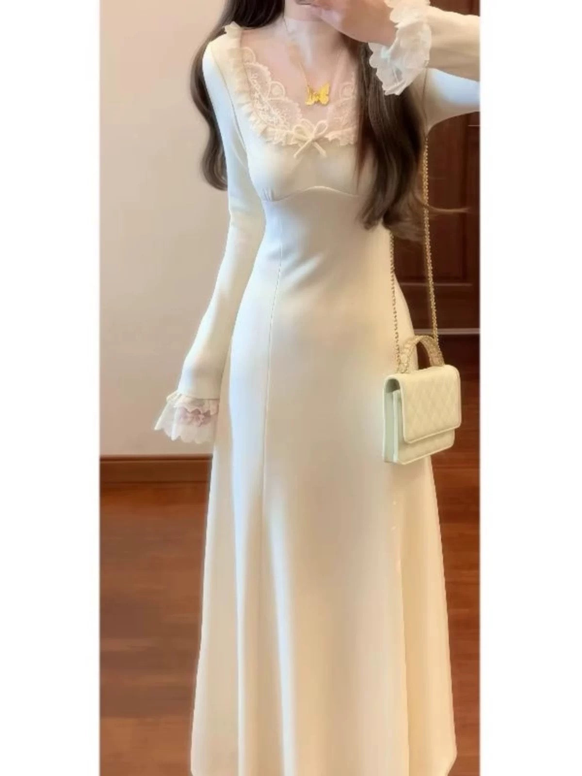 French-style tea break elegant dress, new spring/autumn 2025 collection, white lace long-sleeved elegant fishtail maxi dress