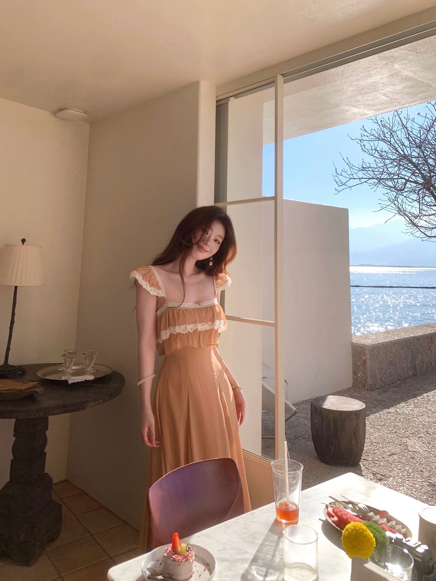 SYA Xi Xiaoxi Pink Lace French Ruffled Spaghetti Strap Dress Women's Spring Short Sleeve Vacation Style Long Dress