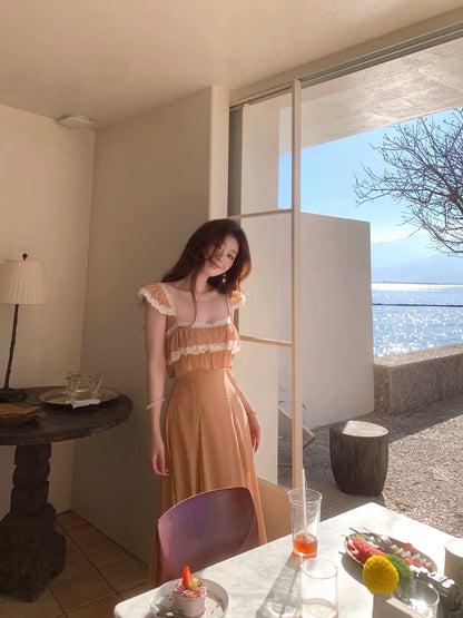 SYA Xi Xiaoxi Pink Lace French Ruffled Spaghetti Strap Dress Women's Spring Short Sleeve Vacation Style Long Dress