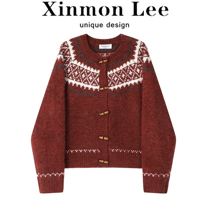 XinmonLee high-end retro Fair Isle horn button Christmas sweater cardigan winter slim two-tone coat