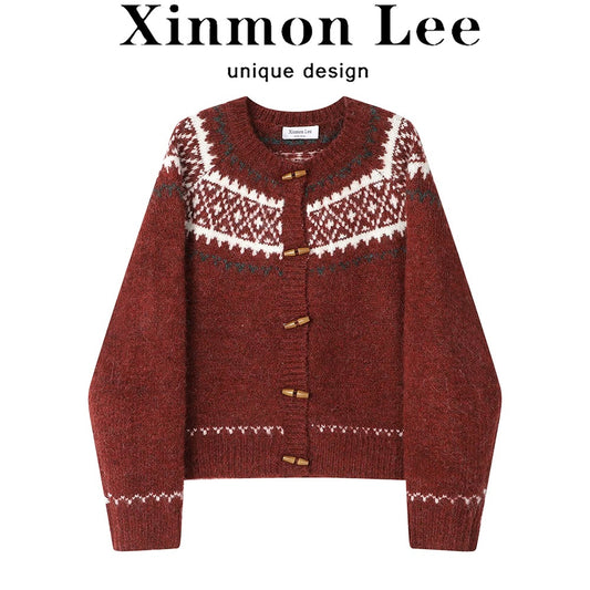 XinmonLee high-end retro Fair Isle horn button Christmas sweater cardigan winter slim two-tone coat