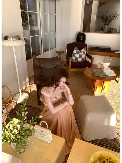 SYA Xi Xiaoxi Pink Lace French Ruffled Spaghetti Strap Dress Women's Spring Short Sleeve Vacation Style Long Dress