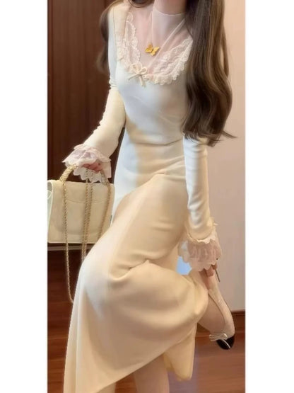 French-style tea break elegant dress, new spring/autumn 2025 collection, white lace long-sleeved elegant fishtail maxi dress