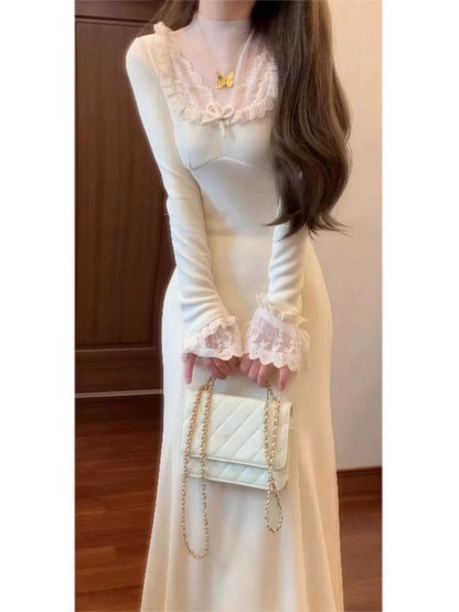 French-style tea break elegant dress, new spring/autumn 2025 collection, white lace long-sleeved elegant fishtail maxi dress