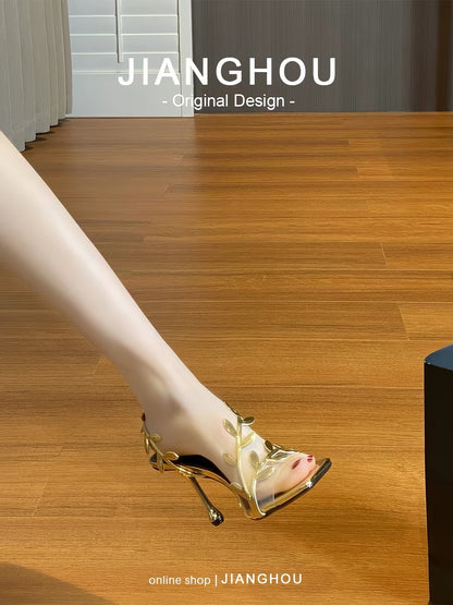 Artisan Encounters: This year's trendy niche gold leaf sandals for women, 2025 summer, stiletto heels, open-toe Roman sandals.