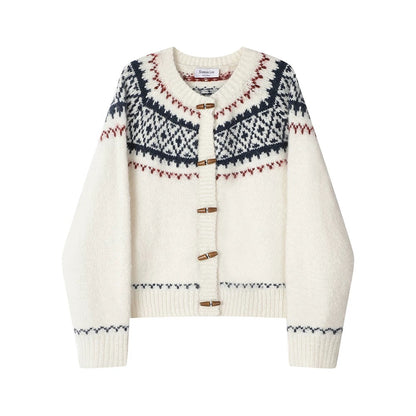 XinmonLee high-end retro Fair Isle horn button Christmas sweater cardigan winter slim two-tone coat