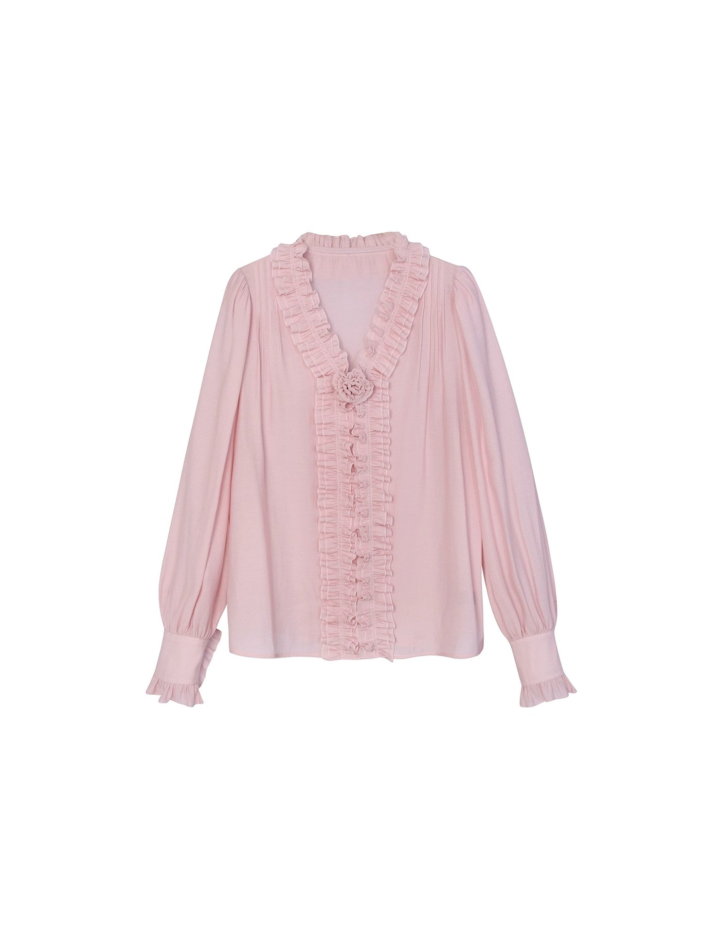 DALU "Under the Cherry Blossom Tree" long-sleeved pink chiffon shirt with earring design and lightweight feel. Detachable brooch