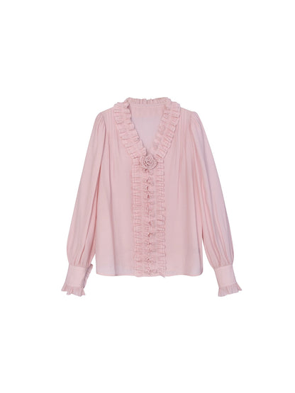DALU "Under the Cherry Blossom Tree" long-sleeved pink chiffon shirt with earring design and lightweight feel. Detachable brooch
