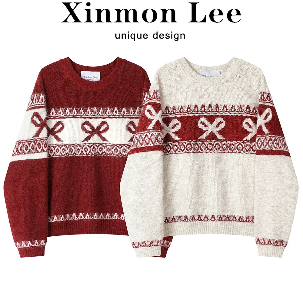 XinmonLee's high-end, super-good-looking soft and glutinous jacquard bow Christmas sweater is a chic winter top that reduces age.