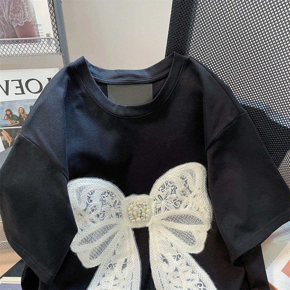 Summer chic heavy-duty bow beaded short-sleeved T-shirt for men and women with niche design sense of right shoulder half-sleeved pure cotton top