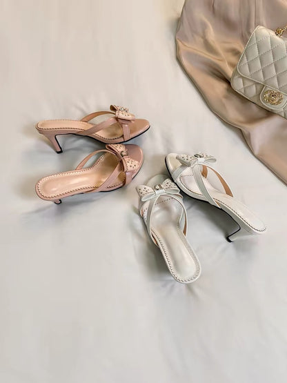 Artisan Encounters French Elegant Sandals for Women, 2026 New Summer Style, Bow-Tie Stiletto Heels, White, Perfect for Matching Skirts