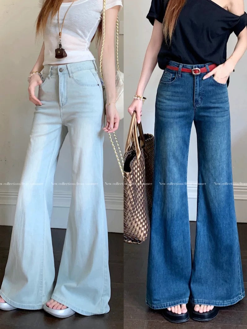 American retro high waist flared pants hot girl jeans horseshoe pants women summer slim all-match straight pants long pants