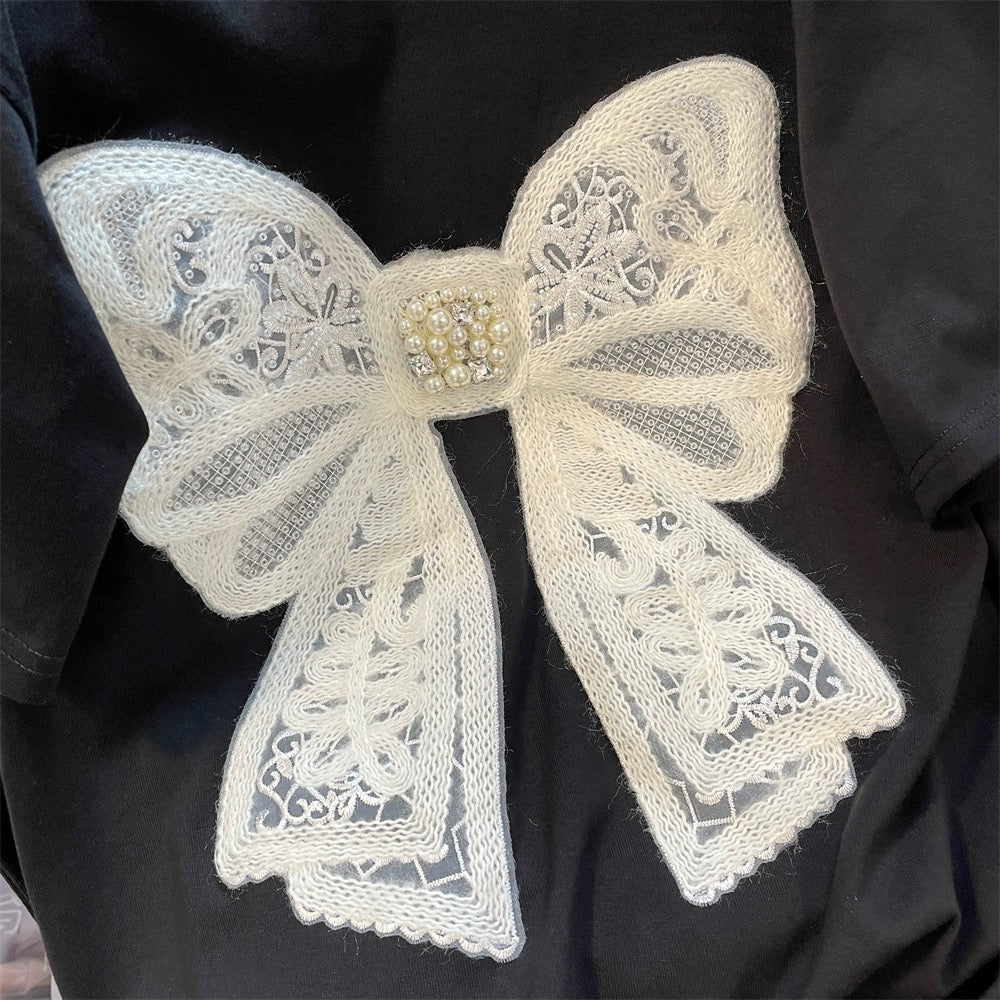 Summer chic heavy-duty bow beaded short-sleeved T-shirt for men and women with niche design sense of right shoulder half-sleeved pure cotton top