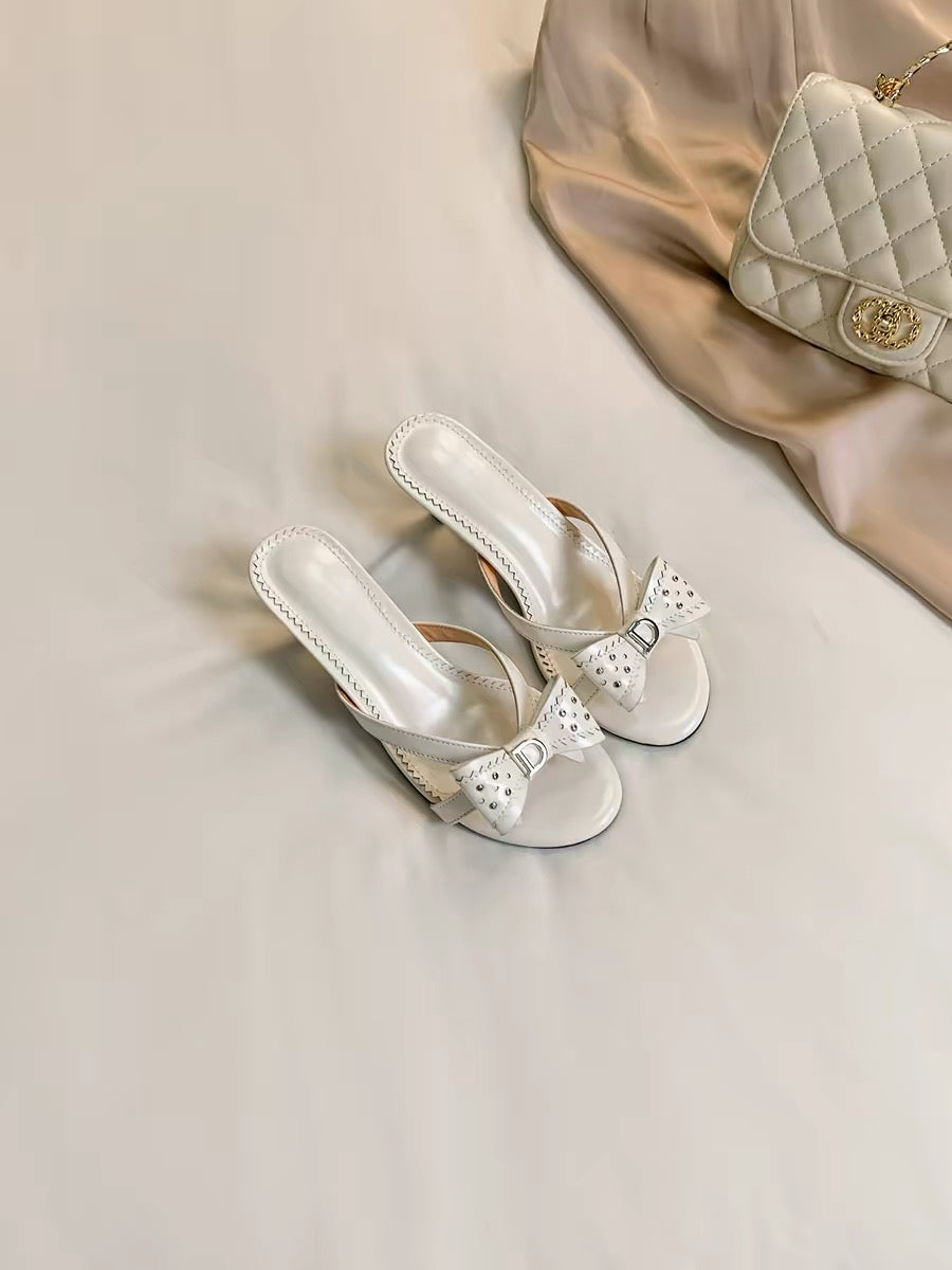 Artisan Encounters French Elegant Sandals for Women, 2026 New Summer Style, Bow-Tie Stiletto Heels, White, Perfect for Matching Skirts